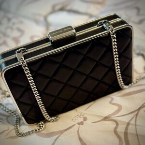 Michael Kors Black Quilted Clutch with Silver Chain